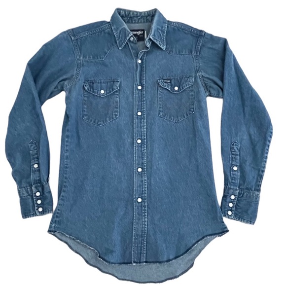 VINTAGE Wrangler denim button down shirt regular fit x-long tails size 1… - Picture 2 of 8